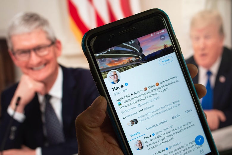 This March 7, 2019 photo illustration in Washington, DC shows the Twitter feed of Apple chief executive Tim Cook, who turned into 'Tim Apple' on social media Thursday, March 7, 2019 after a slip-up by US President Donald Trump sparked a viral moment on Twitter. - The Twittersphere reacted after a Wednesday, March 6, 2019 White House meeting where the US president thanked 'Tim Apple' for the tech giant's investments and job creations. Cook changed his Twitter handle the following morning, using the Apple icon and his first name to get in on the fun. Some Twitter users offered other suggestions for the president including Bill Microsoft (Gates), Elon Tesla (Musk) and even George America (Washington). (Photo by STRINGER / AFP) (Photo credit should read STRINGER/AFP/Getty Images)